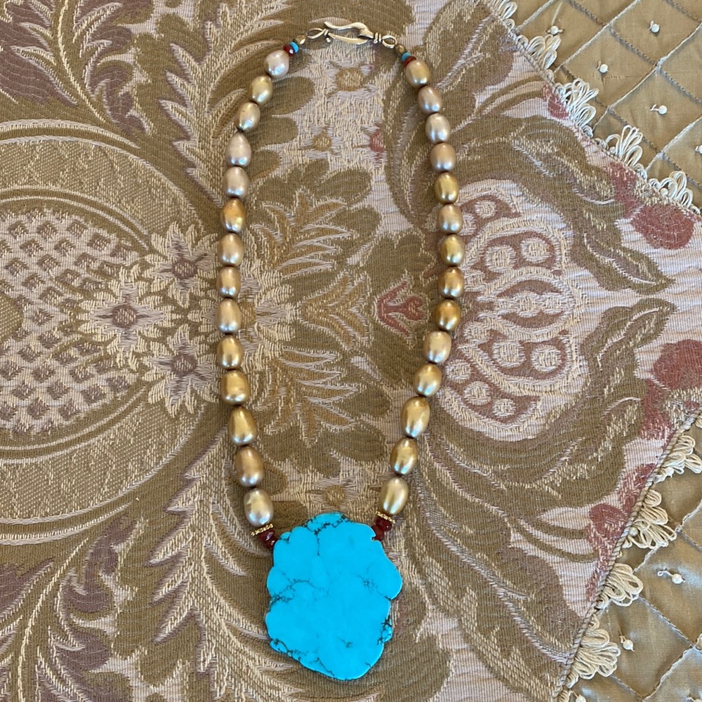 Golden South Sea Pearl and Natural Turquoise Necklace